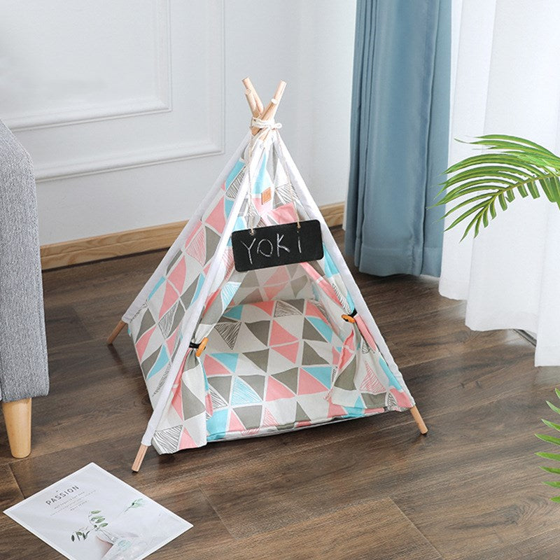 Linen Teepee Pet Tent with Removable Cushion – Wooden Frame, Washable | Cats & Small Dogs | 9 Designs