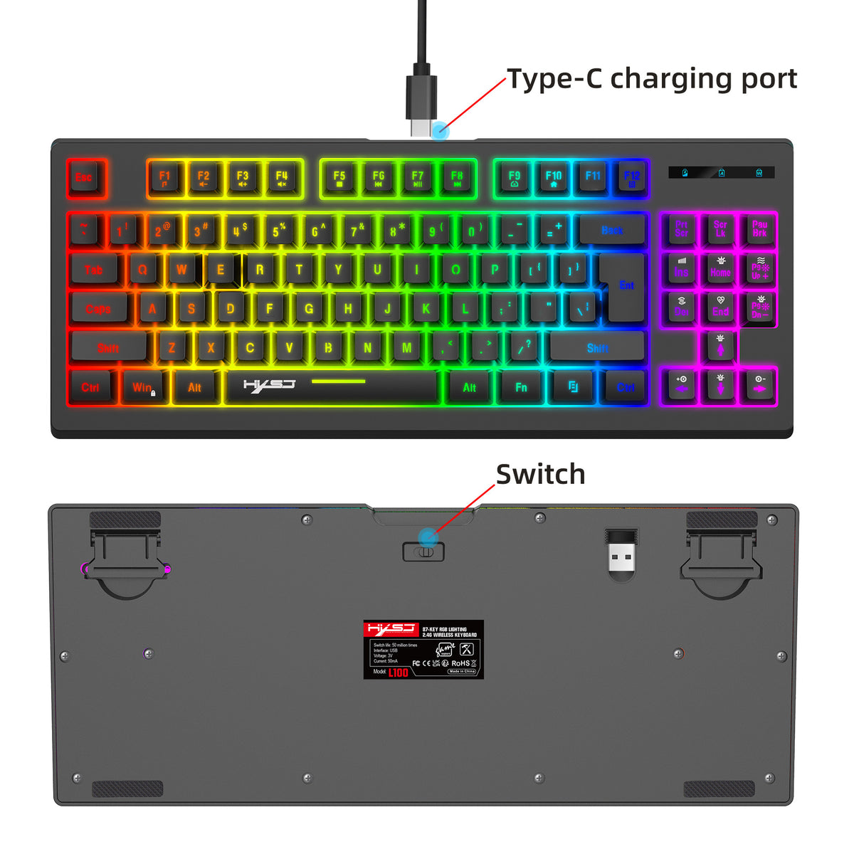 L100 87-Key 2.4G Wireless RGB Membrane Keyboard