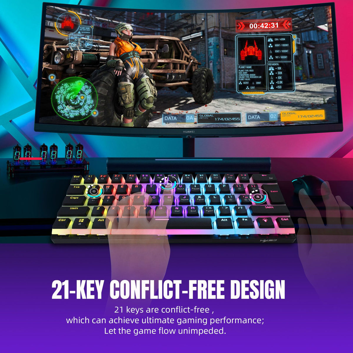 HXSJ L700 61-Key Wired Mechanical Keyboard with Pudding Keycaps