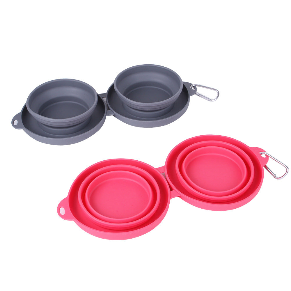 Collapsible Silicone Double Pet Bowl with Carabiner Clip – Foldable, Portable, Food & Water | Cats & Dogs | Grey or Pink