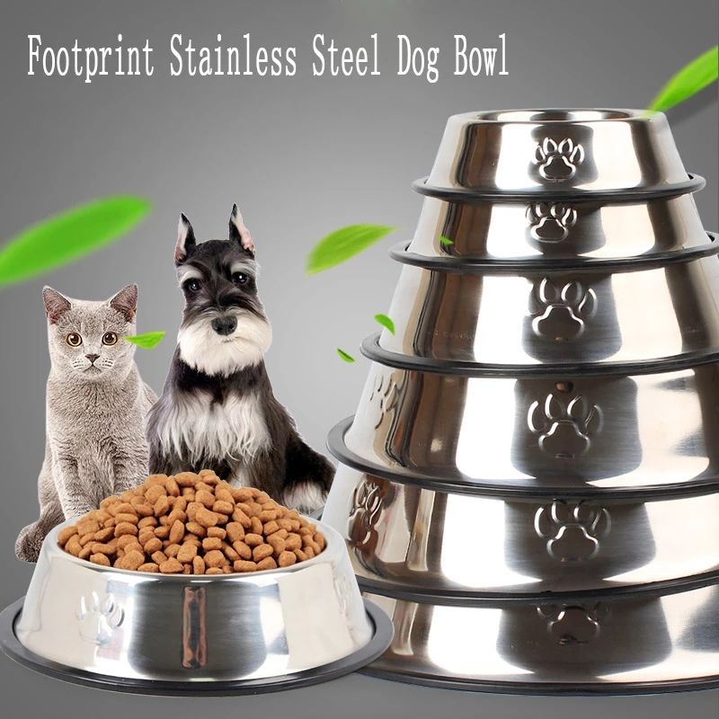 Stainless Steel Pet Bowl with Non-Slip Rubber Base – Mirror Finish, Paw-Print Design, 6 Sizes | Dogs & Cats