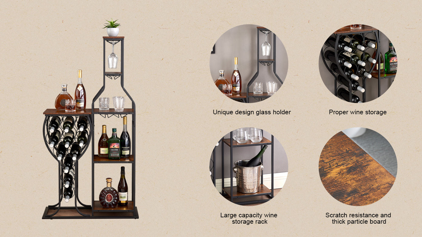 11-Bottle Wine Bakers Rack with Stemware Holder & Storage Shelves – 5-Tier Freestanding Wine Rack | Industrial Antique Brown | Home Bar