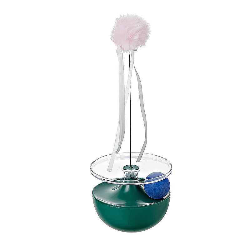 Self-Righting Tumbler Cat Toy – Weighted Base, Spring Wand, Pom-Pom & Ribbon Teaser | Hands-Free | Cats | White, Peacock Green & Pink