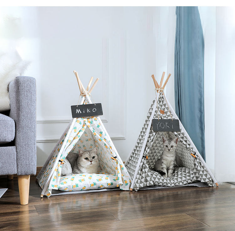 Linen Teepee Pet Tent with Removable Cushion – Wooden Frame, Washable | Cats & Small Dogs | 9 Designs