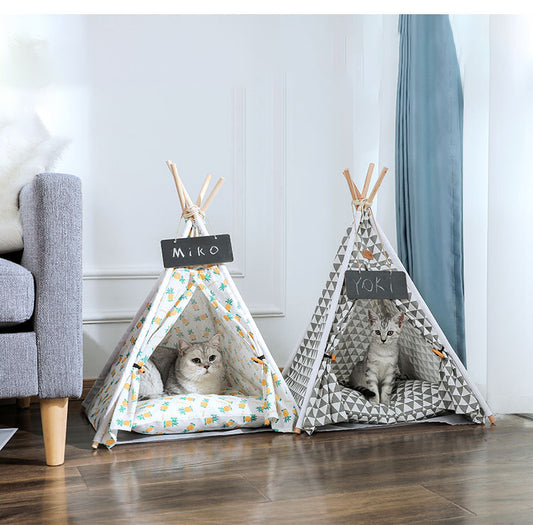 Linen Teepee Pet Tent with Removable Cushion – Wooden Frame, Washable | Cats & Small Dogs | 9 Designs