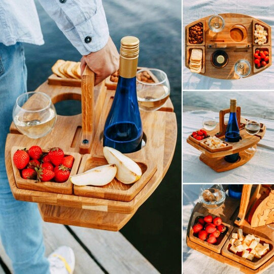 Portable Wooden Picnic Wine Caddy Tray – All-in-One Wine Bottle, Glass & Snack Holder for Outdoor Entertaining