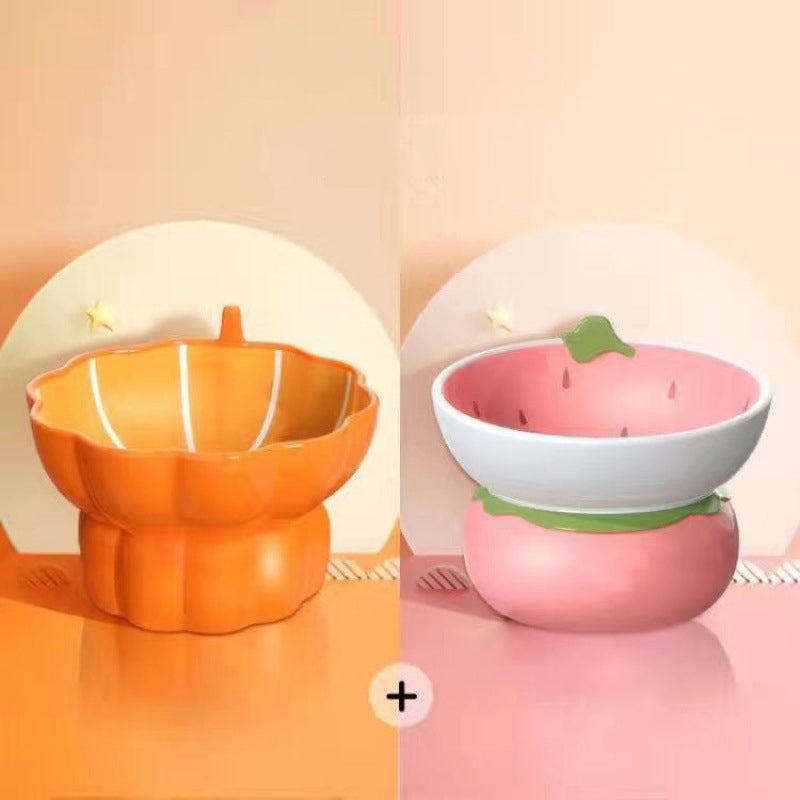 Novelty Fruit Ceramic Tilted Pet Bowl – Strawberry, Orange & Pumpkin | Raised Angled Design, Cervical Spine Protection | Cats & Dogs