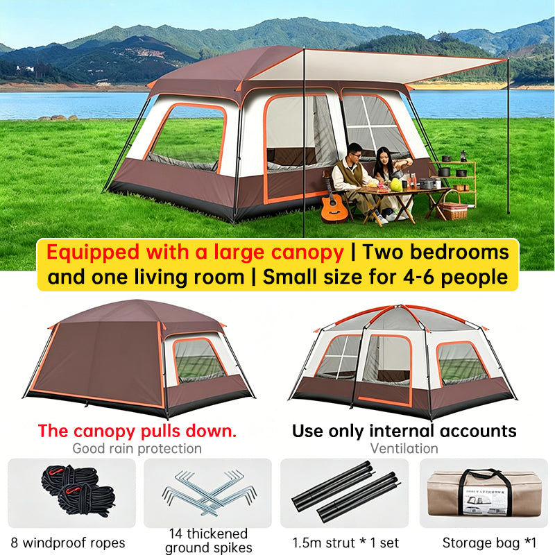 4–6 Person Family Camping Tent with Two Bedrooms and Canopy