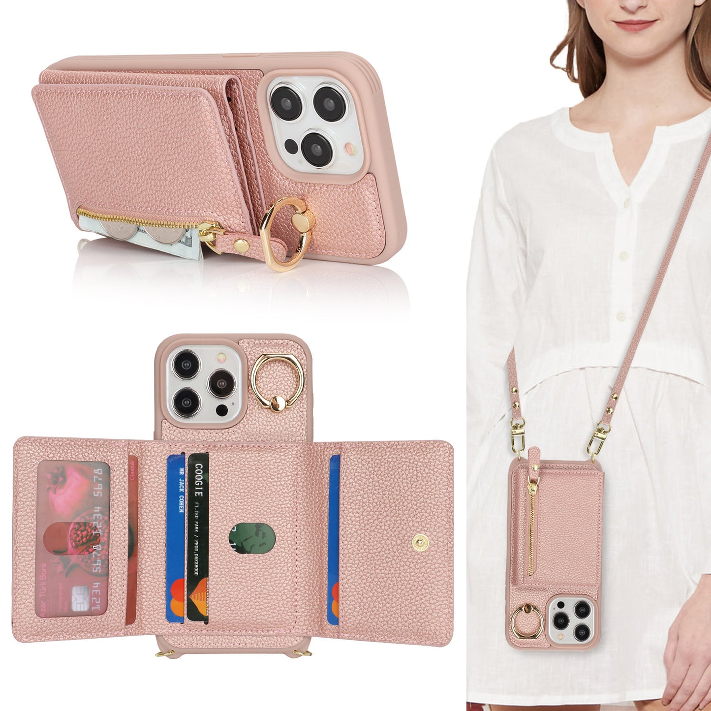 TPU + PU Zipper Crossbody Phone Case for iPhone 7–17