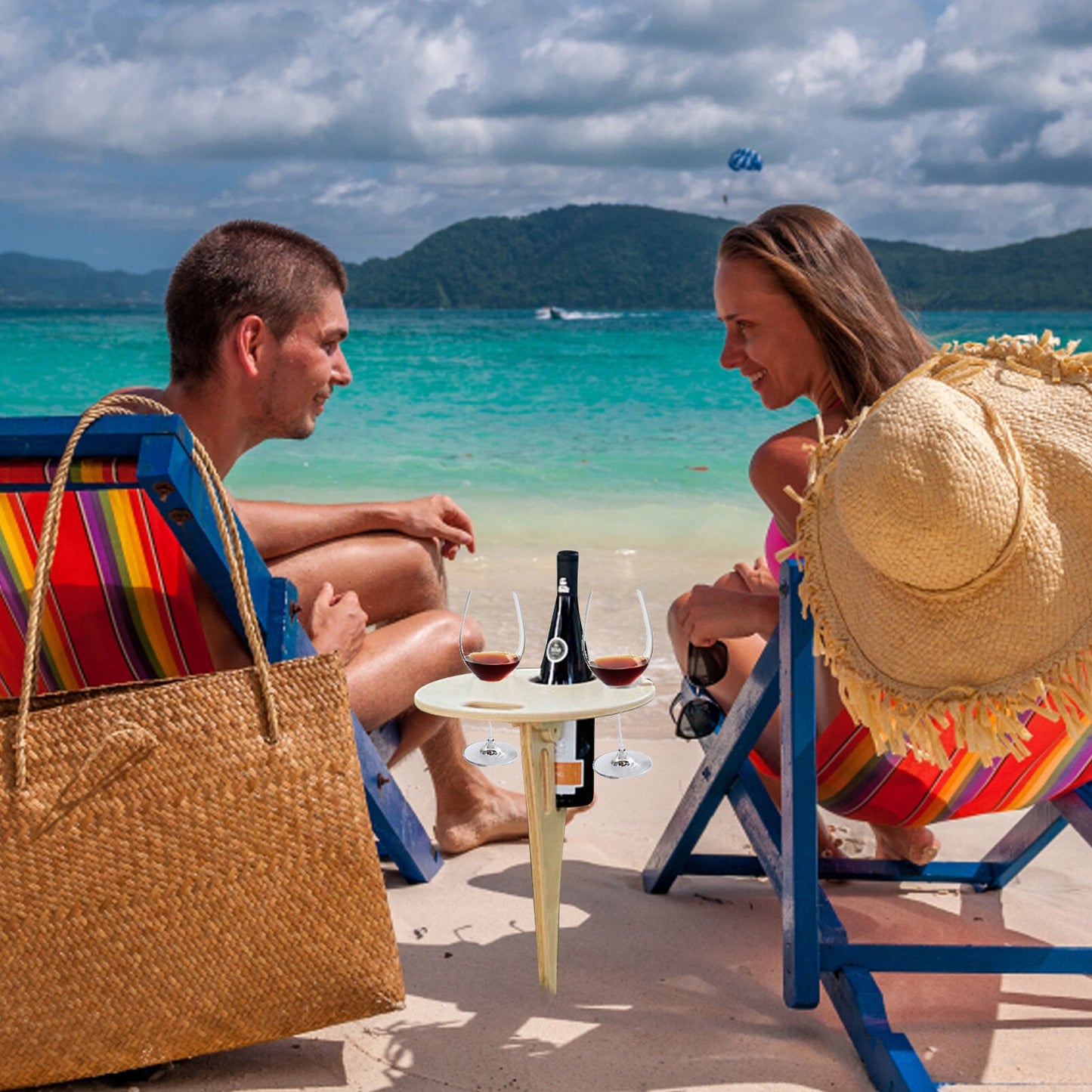 Foldable Outdoor Wine Picnic Table – Portable Wooden Stake Table for Wine Bottle & Glasses | Beach, Camping & Garden