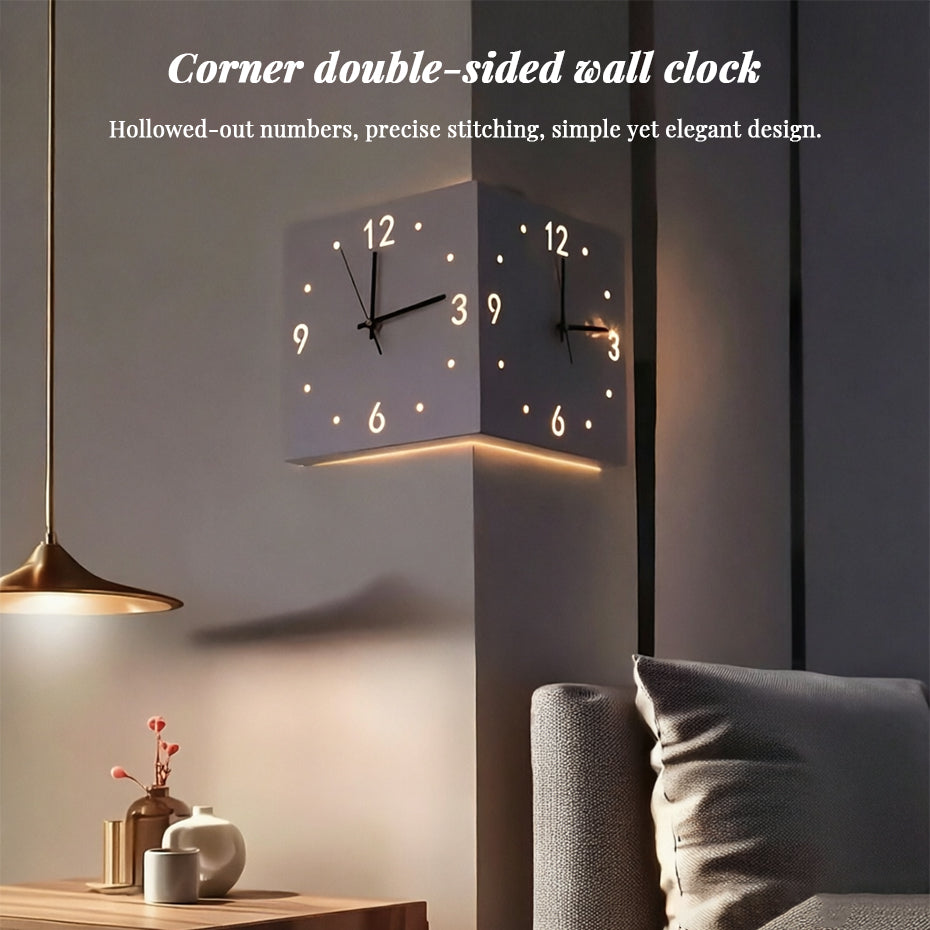 Nordic Dual-Face Corner Clock with LED Night Glow & Silent Movement
