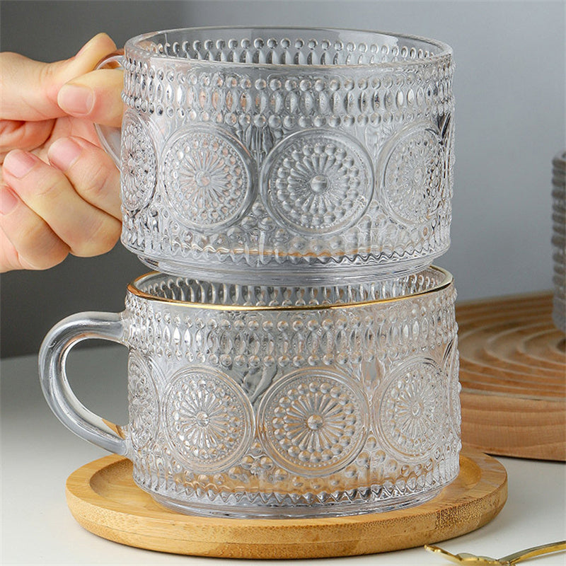 Sunflower Embossed Glass Mug with Gold Rim – 400ml Vintage Floral Clear Cup for Coffee, Tea & Milk