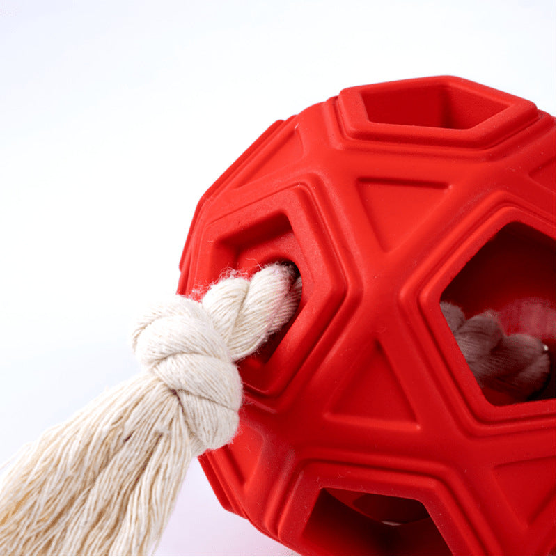 Hollow Rubber Chew Ball with Cotton Rope Tug – Hexagonal Lattice Molar & Tug-of-War Dog Toy | 107mm | Red