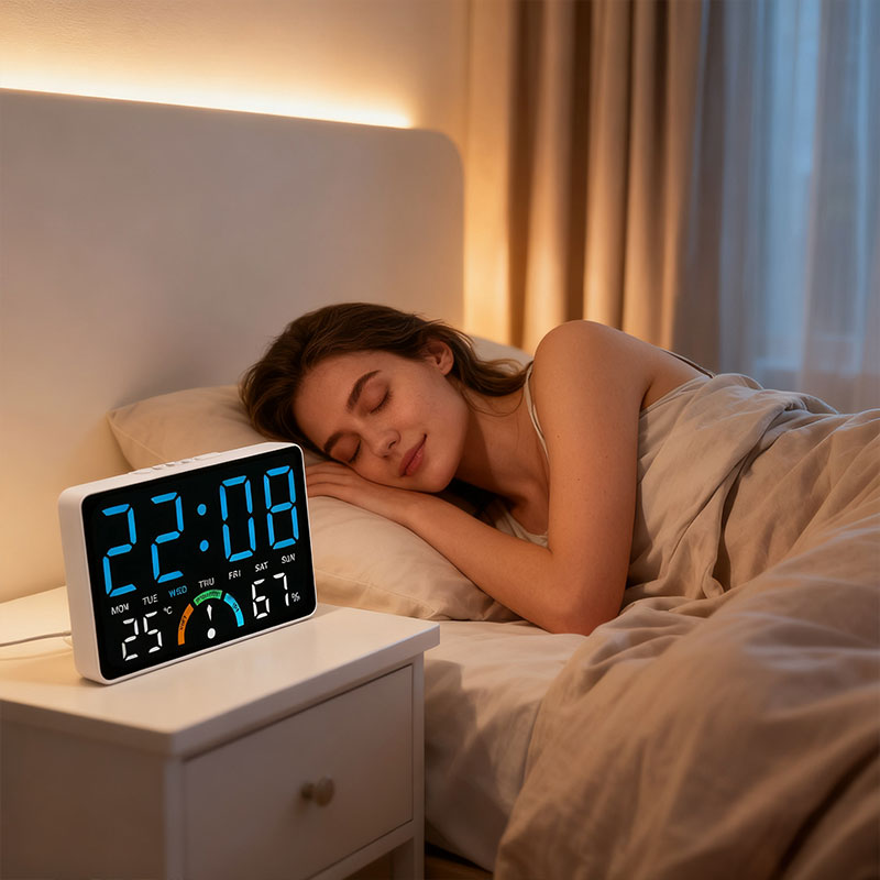 Large LED Digital Alarm Clock with Temperature, Humidity & Comfort Level Display