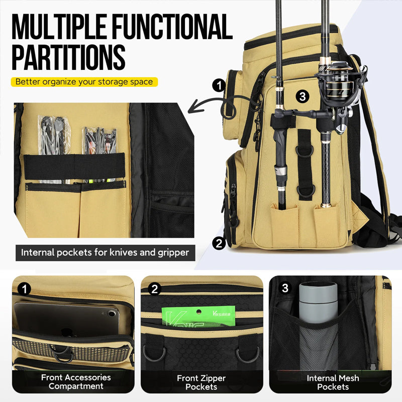42L Fishing Backpack with Rod Holder & 36 Pockets