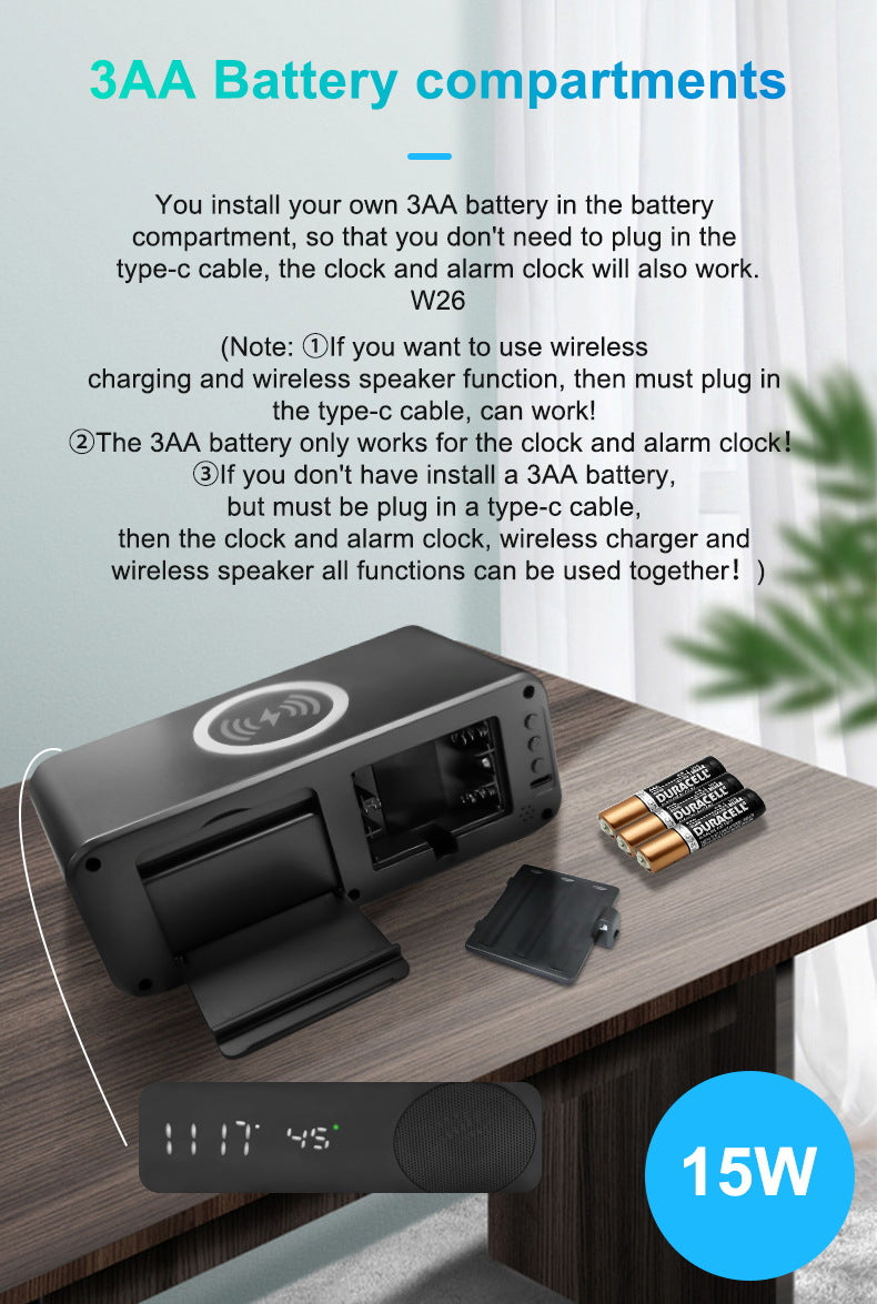 Bluetooth Speaker with Wireless Charging, Clock Display and Thermometer