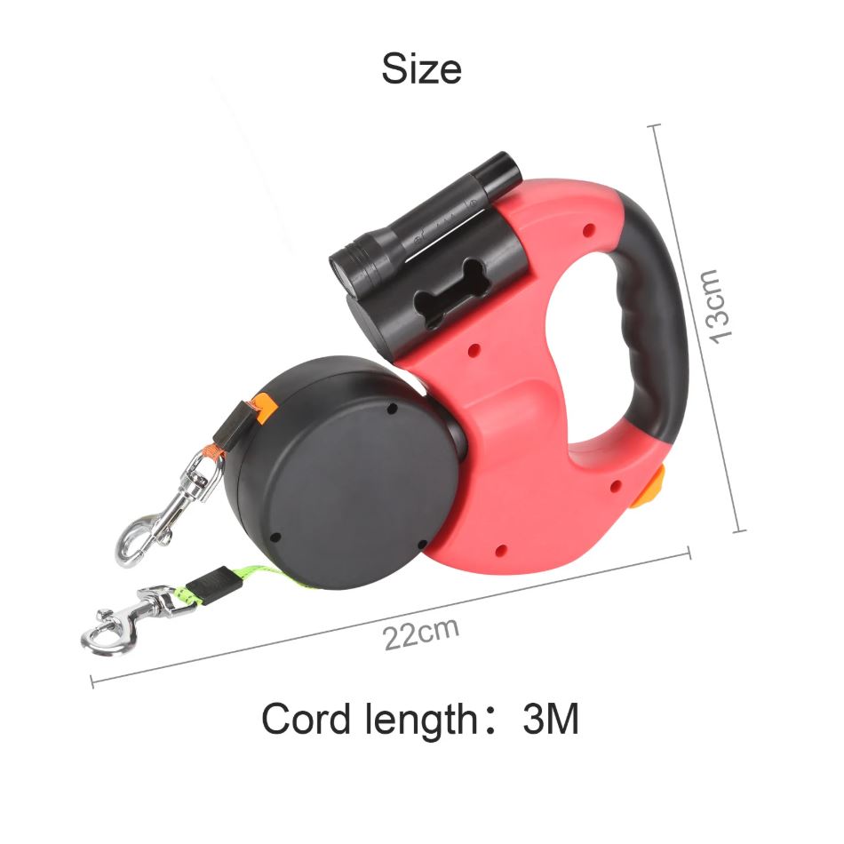 Dual Retractable Dog Leash for Two Dogs – 3M Zero-Tangle Double Leash with Waste Bag Dispenser | Nylon | 3 Colors