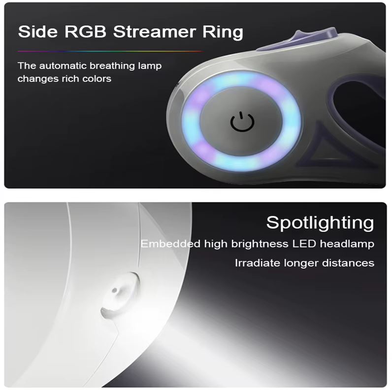 LED Glow Retractable Dog Leash – Built-In Ring Light, One-Button Brake, 3M or 5M | 3 Colors