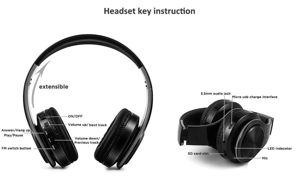 Foldable Bluetooth 5.0 Wireless Headphones with MP3, FM Radio and Microphone