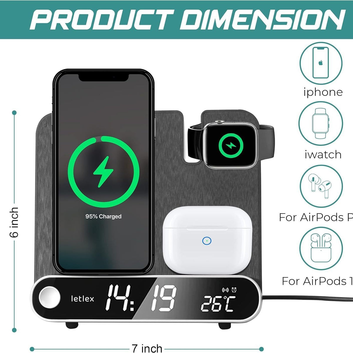 15W Wireless Charging Station with Clock & Thermometer
