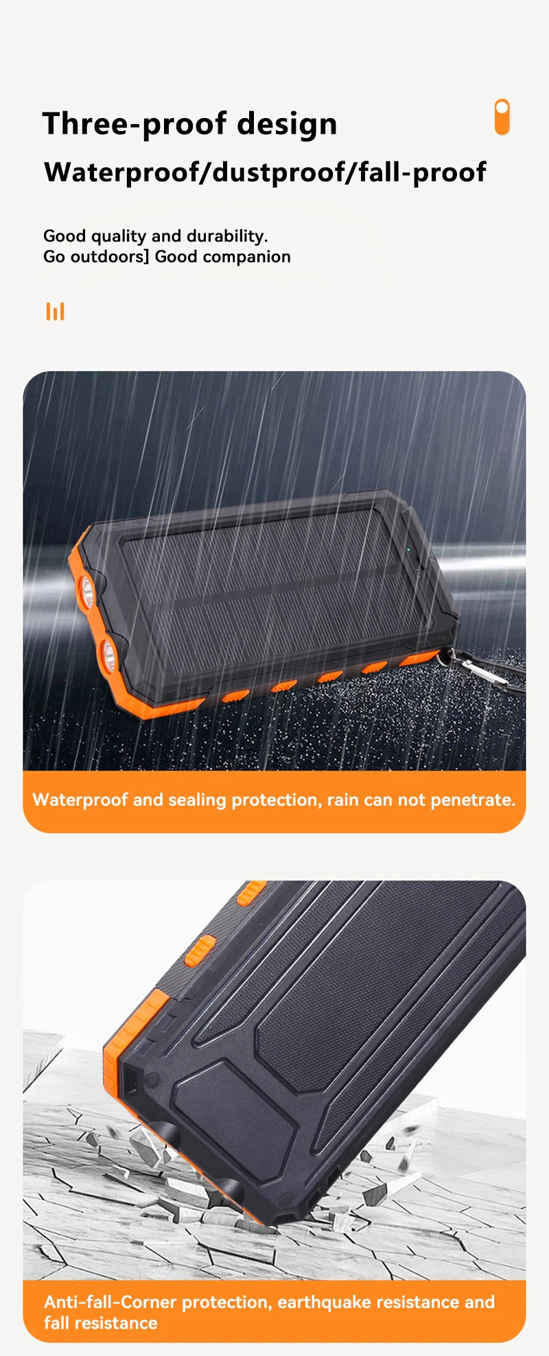 10,000mAh Solar Power Bank with Flashlights & Compass