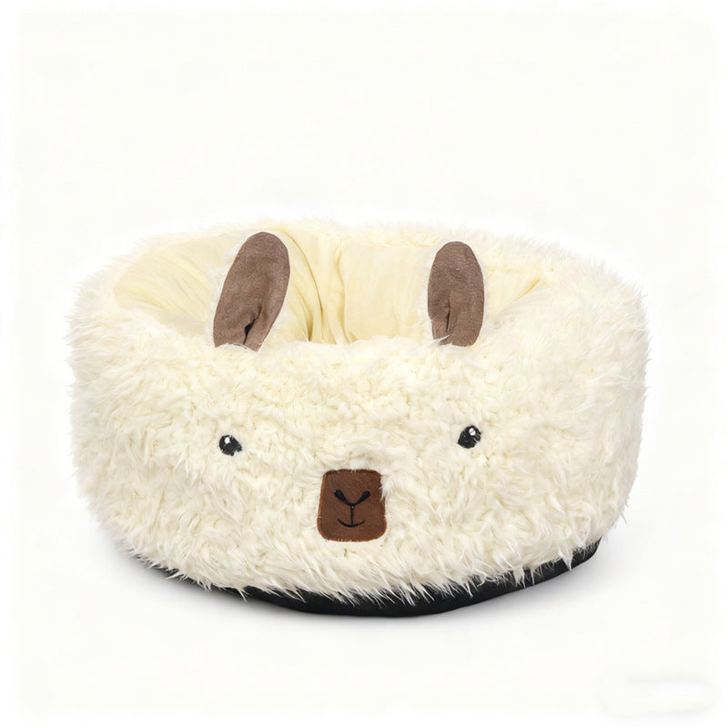 Alpaca Plush Pet Sofa Bed – Round Bolster Nest with Cute Alpaca Face | Flannel, Washable | Dogs & Cats | 3 Sizes
