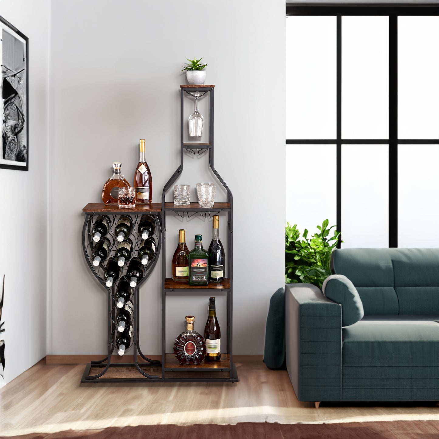 11-Bottle Wine Bakers Rack with Stemware Holder & Storage Shelves – 5-Tier Freestanding Wine Rack | Industrial Antique Brown | Home Bar
