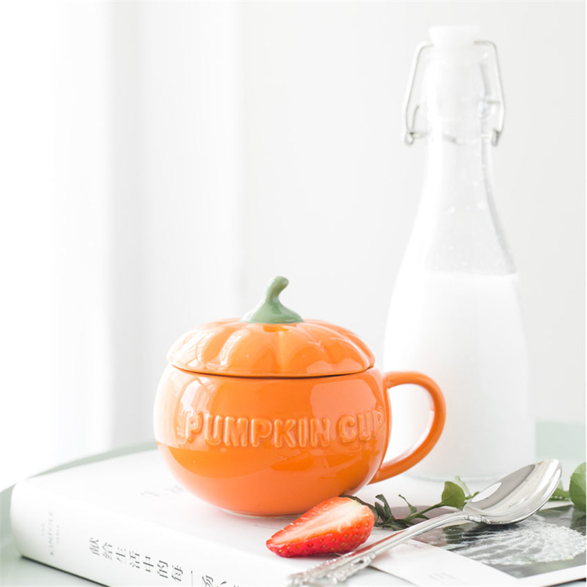 Cute Pumpkin Ceramic Mug with Lid – 250ml Halloween Coffee & Breakfast Cup