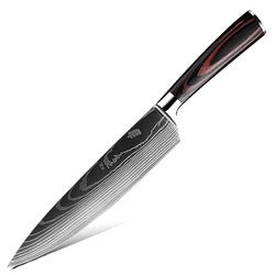 Damascus-Pattern Laser Etched Kitchen Knife | Colored Wood Handle | 10 Styles