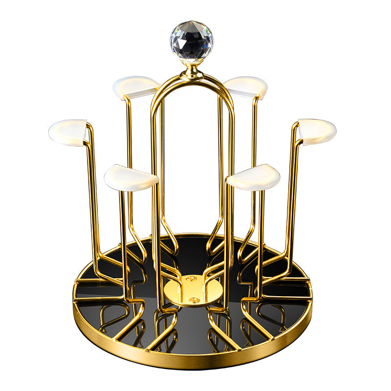Rotating Upside-Down Glass Drying Rack – Gold Carbon Steel Countertop Cup Holder with Crystal Finial | 6-Glass Carousel Stand