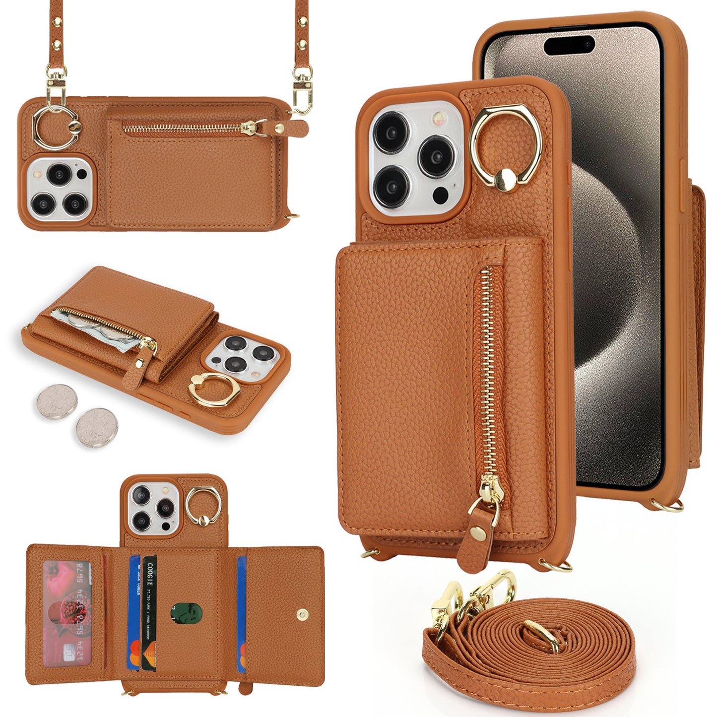 TPU + PU Zipper Crossbody Phone Case for iPhone 7–17