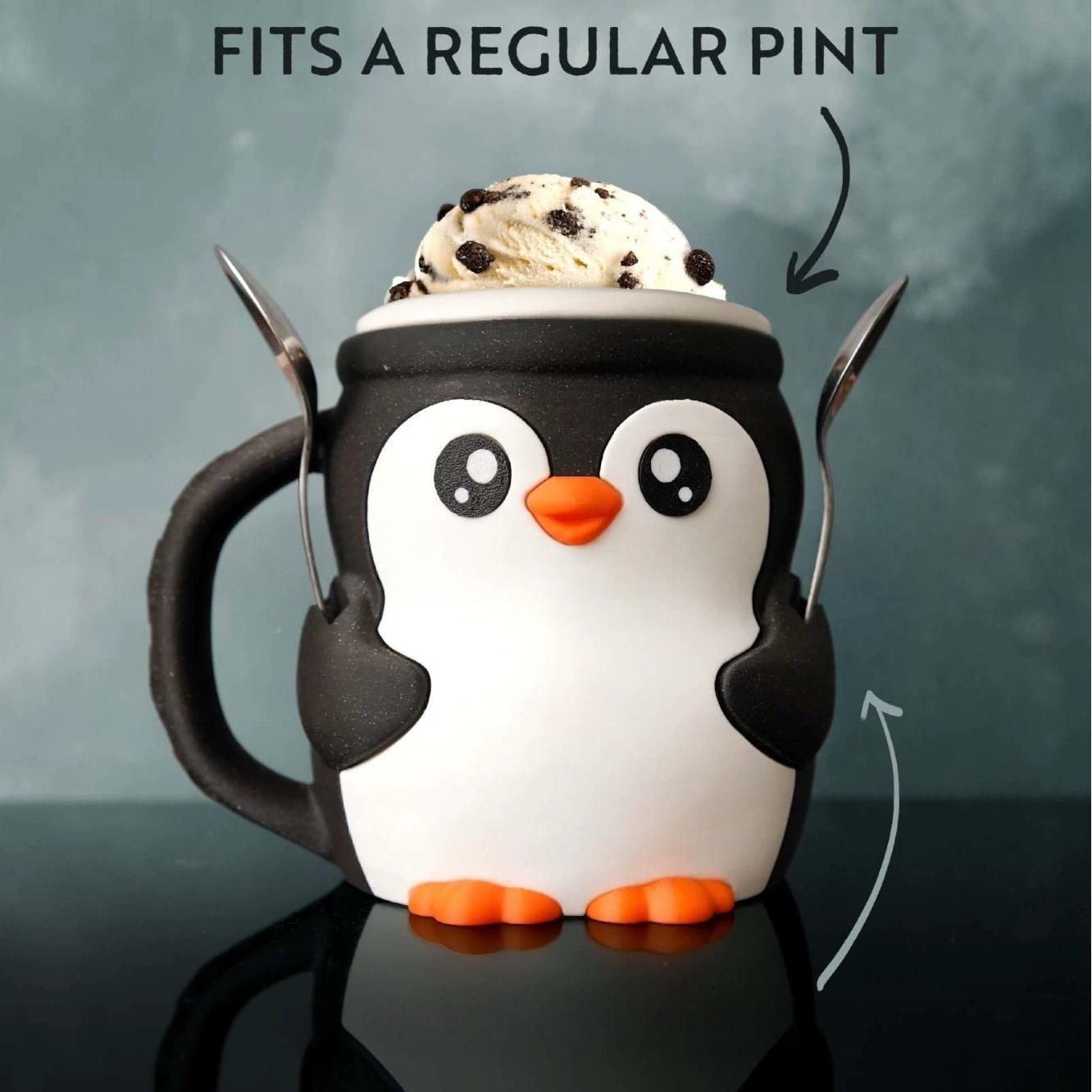 Highland Cow & Penguin Ice Cream Pint Holder Mug | Cute Ceramic Animal Cup