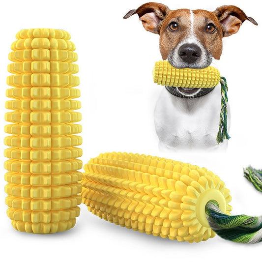 Corn Cob TPR Squeaky Chew & Dental Dog Toy – Kernel-Textured Molar Stick, Cotton Rope Tail, Built-In Squeaker | Dogs & Cats | Yellow