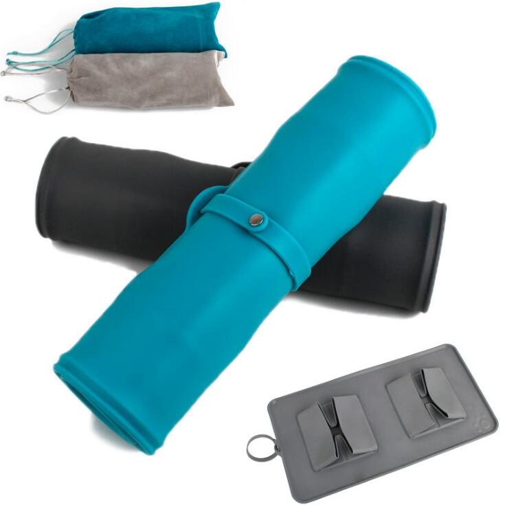 Silicone Foldable Double Pet Travel Bowl – Rollable, Portable, Leak-Resistant | Dogs & Cats | Includes Carry Bag | Blue & Grey