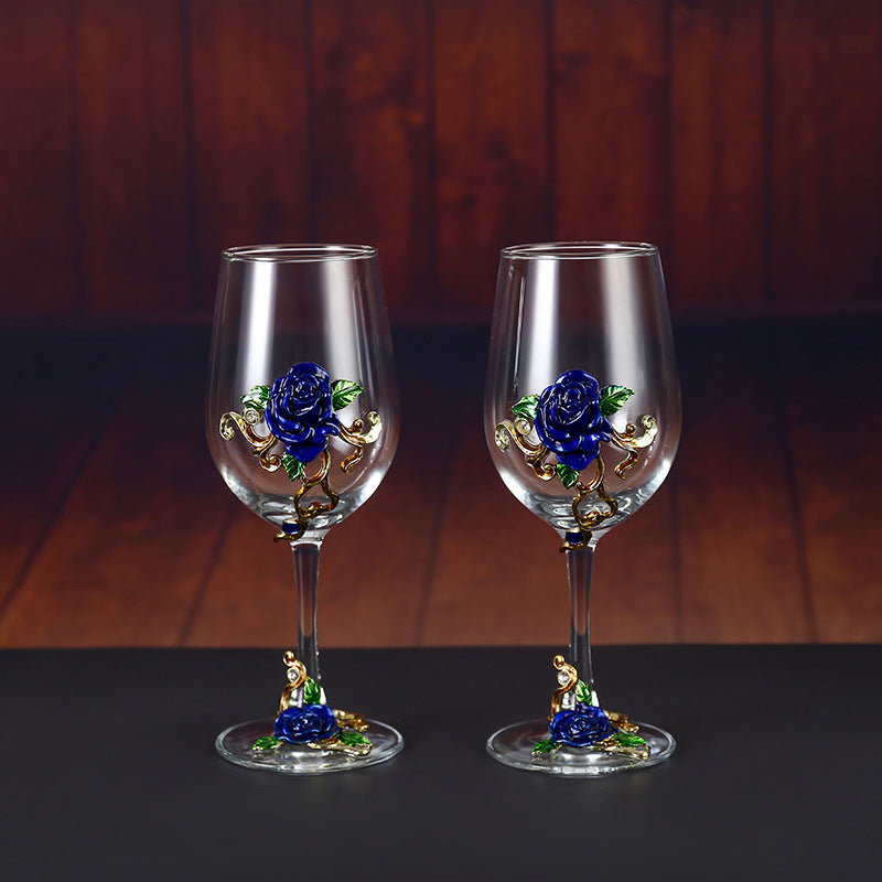 Enamel Rose Crystal Wine Glass | Hand-Painted Goblet & Decanter Gift Set