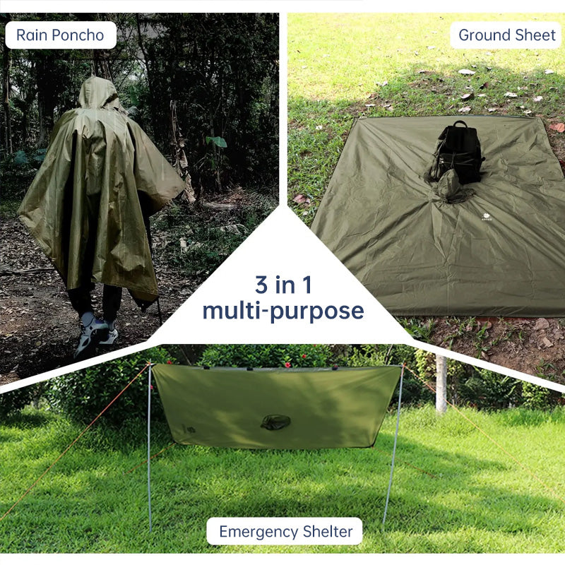 3-in-1 Waterproof Hooded Rain Poncho – Multi-Use Raincoat, Shelter & Sleeping Bag Cover