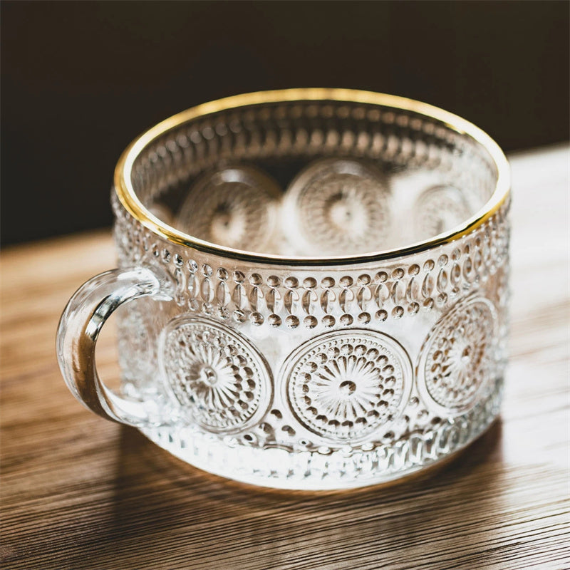 Sunflower Embossed Glass Mug with Gold Rim – 400ml Vintage Floral Clear Cup for Coffee, Tea & Milk