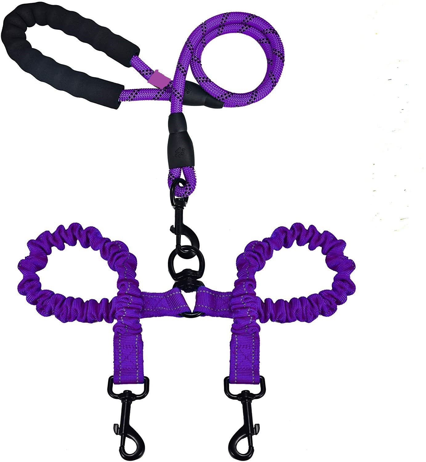 Double Dog Leash – Tangle-Free, Bungee Shock Absorber, Foam Handle & Reflective Rope | Walk 2 Dogs | 5 Colors