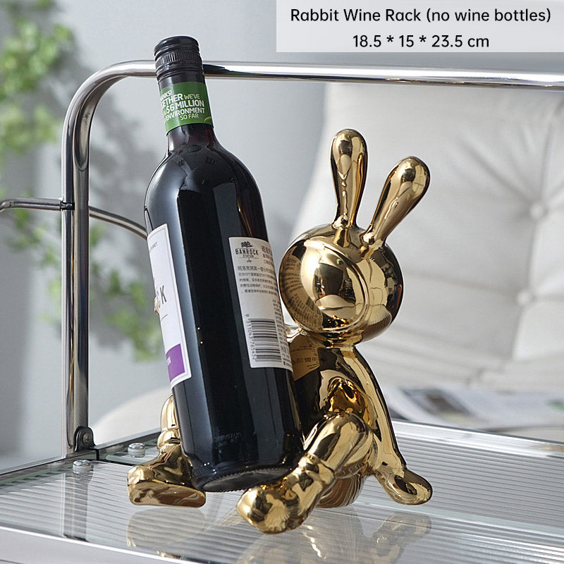 Luxury Rabbit Sculpture Wine Rack & Wine Glass Holder – Ceramic Home Décor Figurine | Silver & Gold