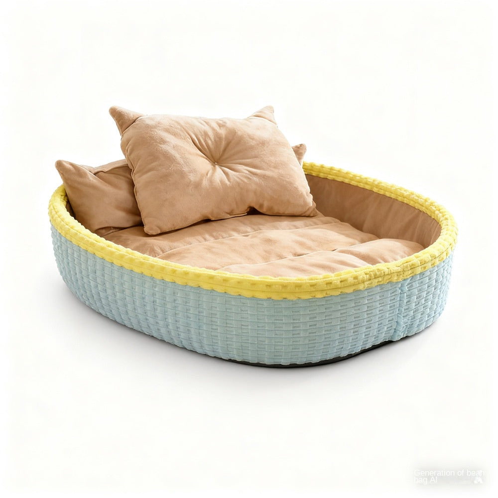 Oval Bolster Pet Sofa Bed with Throw Pillows – Fleece, Half-Enclosed, Machine Washable | Dogs & Cats | S–XL | 4 Colors