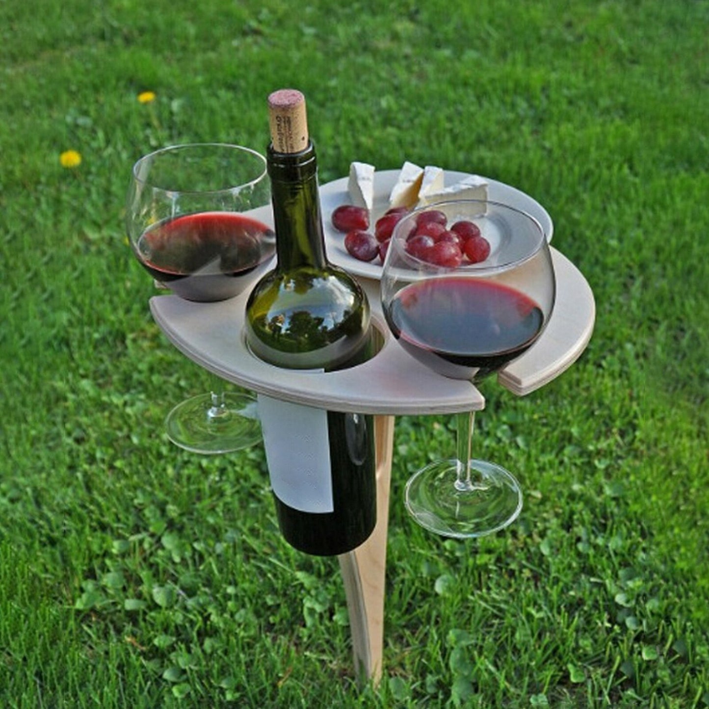 Foldable Outdoor Wine Picnic Table – Portable Wooden Stake Table for Wine Bottle & Glasses | Beach, Camping & Garden