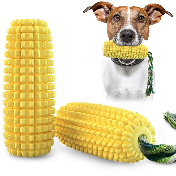 Corn Cob TPR Squeaky Chew & Dental Dog Toy – Kernel-Textured Molar Stick, Cotton Rope Tail, Built-In Squeaker | Dogs & Cats | Yellow