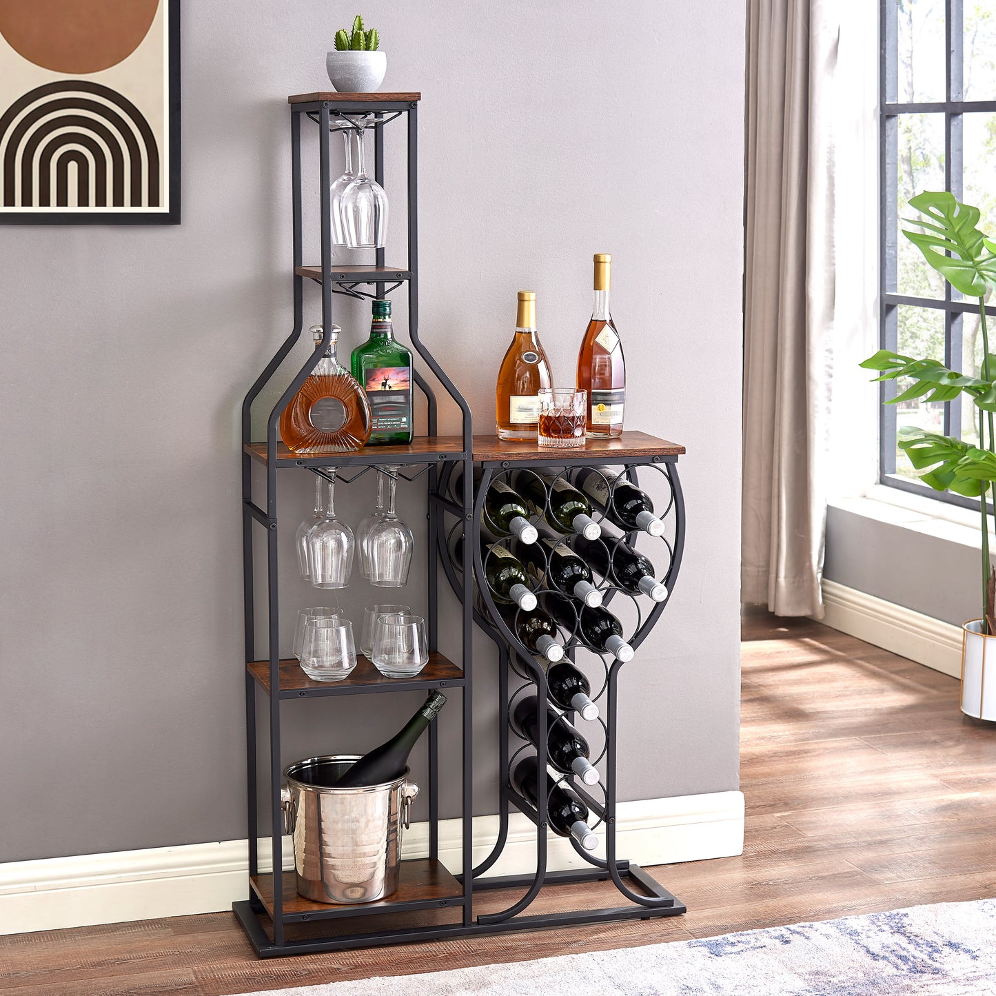 11-Bottle Wine Bakers Rack with Stemware Holder & Storage Shelves – 5-Tier Freestanding Wine Rack | Industrial Antique Brown | Home Bar