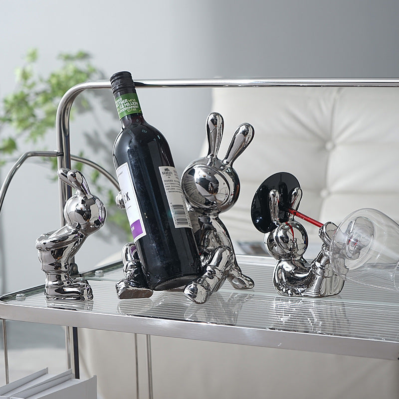 Luxury Rabbit Sculpture Wine Rack & Wine Glass Holder – Ceramic Home Décor Figurine | Silver & Gold