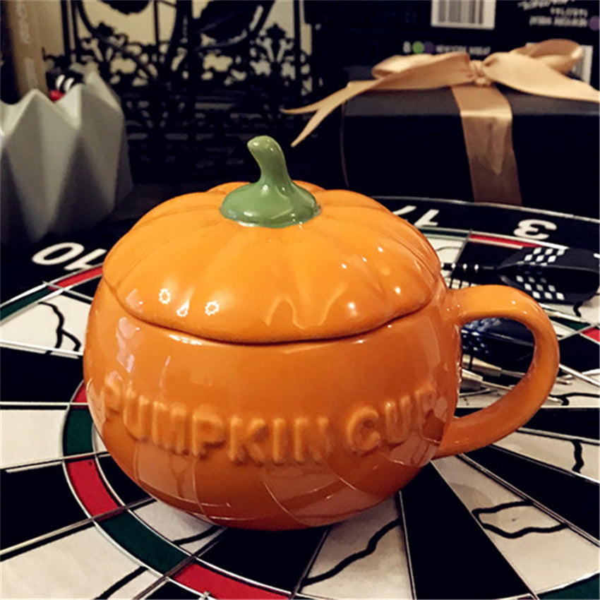 Cute Pumpkin Ceramic Mug with Lid – 250ml Halloween Coffee & Breakfast Cup