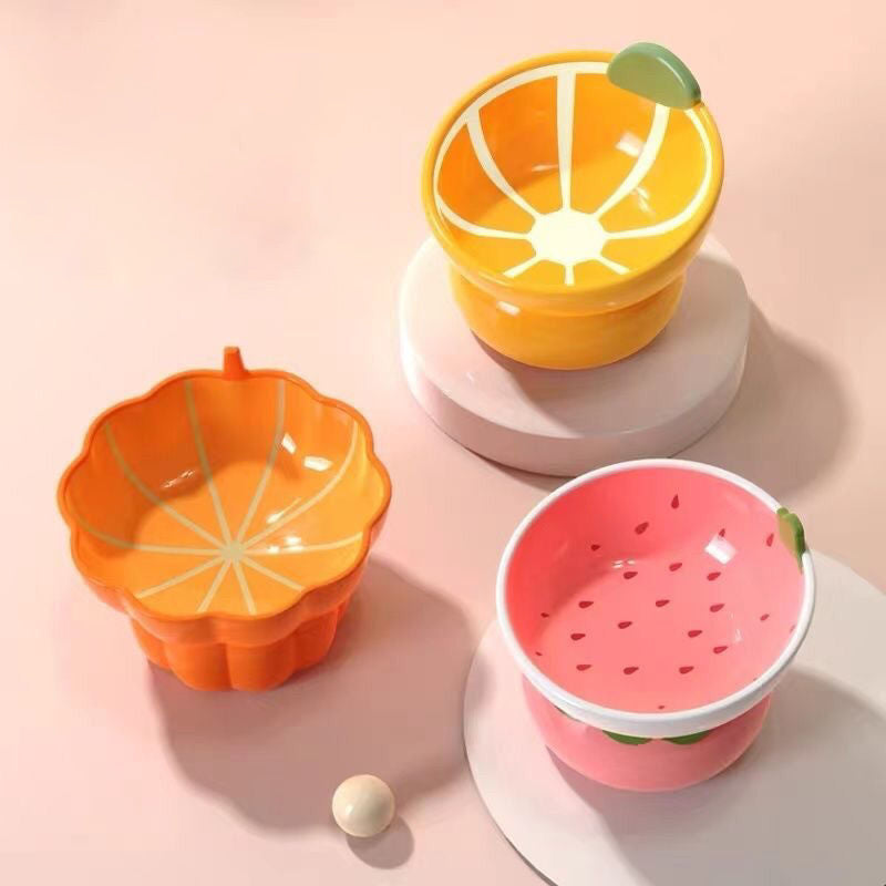 Novelty Fruit Ceramic Tilted Pet Bowl – Strawberry, Orange & Pumpkin | Raised Angled Design, Cervical Spine Protection | Cats & Dogs