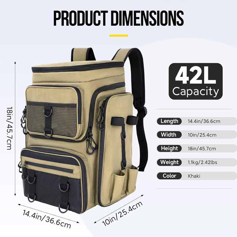 42L Fishing Backpack with Rod Holder & 36 Pockets