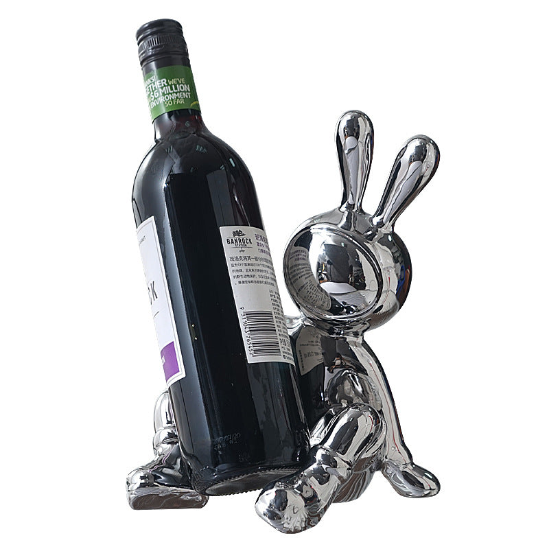 Luxury Rabbit Sculpture Wine Rack & Wine Glass Holder – Ceramic Home Décor Figurine | Silver & Gold