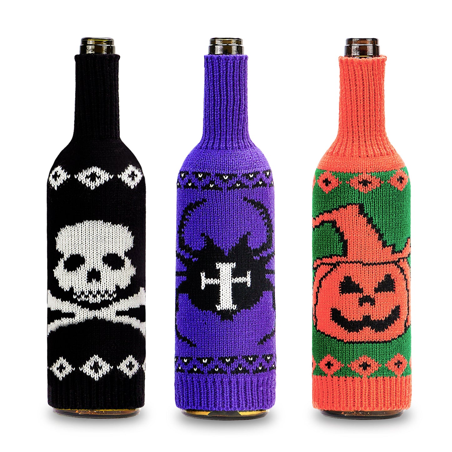Halloween Knitted Wine Bottle Sweater Cover – Pumpkin, Skull & Spider Spooky Bottle Decoration