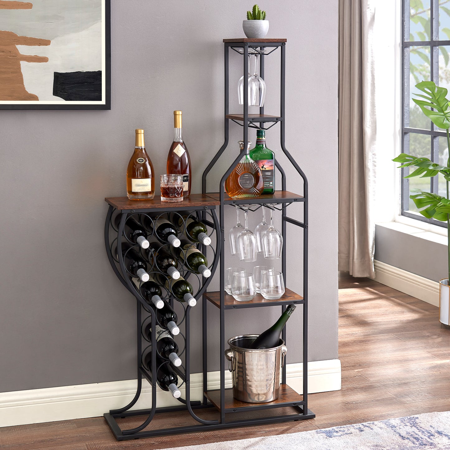 11-Bottle Wine Bakers Rack with Stemware Holder & Storage Shelves – 5-Tier Freestanding Wine Rack | Industrial Antique Brown | Home Bar